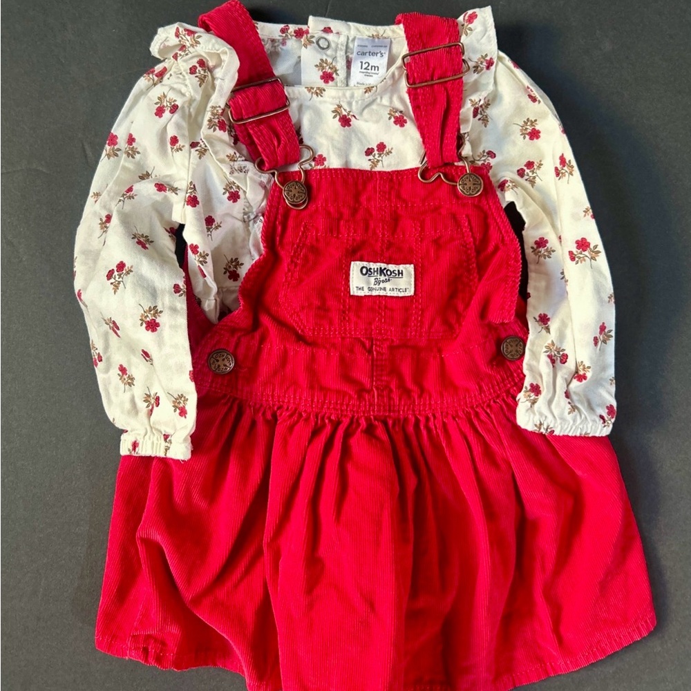 Osh Kosh B’Gosh 12m Red Corduroy Floral Bib Dress & Long Sleeve Onsie,Pre-Owned